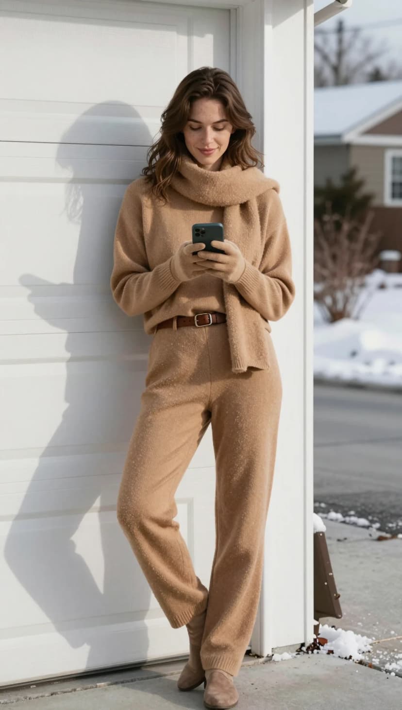 Camel Knit Sweater + Camel Knit Trousers + Brown Leather Belt + Taupe Suede Boots