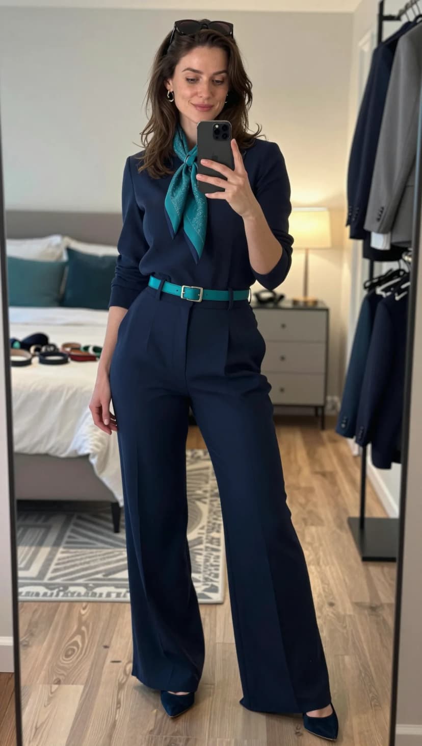 Navy Crepe Jumpsuit + Teal Silk Scarf + Teal Leather Belt + Navy Suede Heels