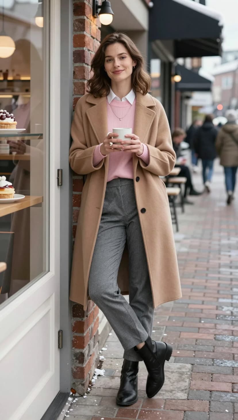 Camel Wool Coat + Pink Knit Sweater + White Button-Down Shirt + Grey Herringbone Trousers + Black Leather Boots