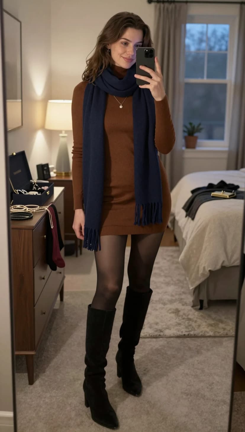 Brown Ribbed Knit Mini Dress + Navy Scarf + Black Suede Boots