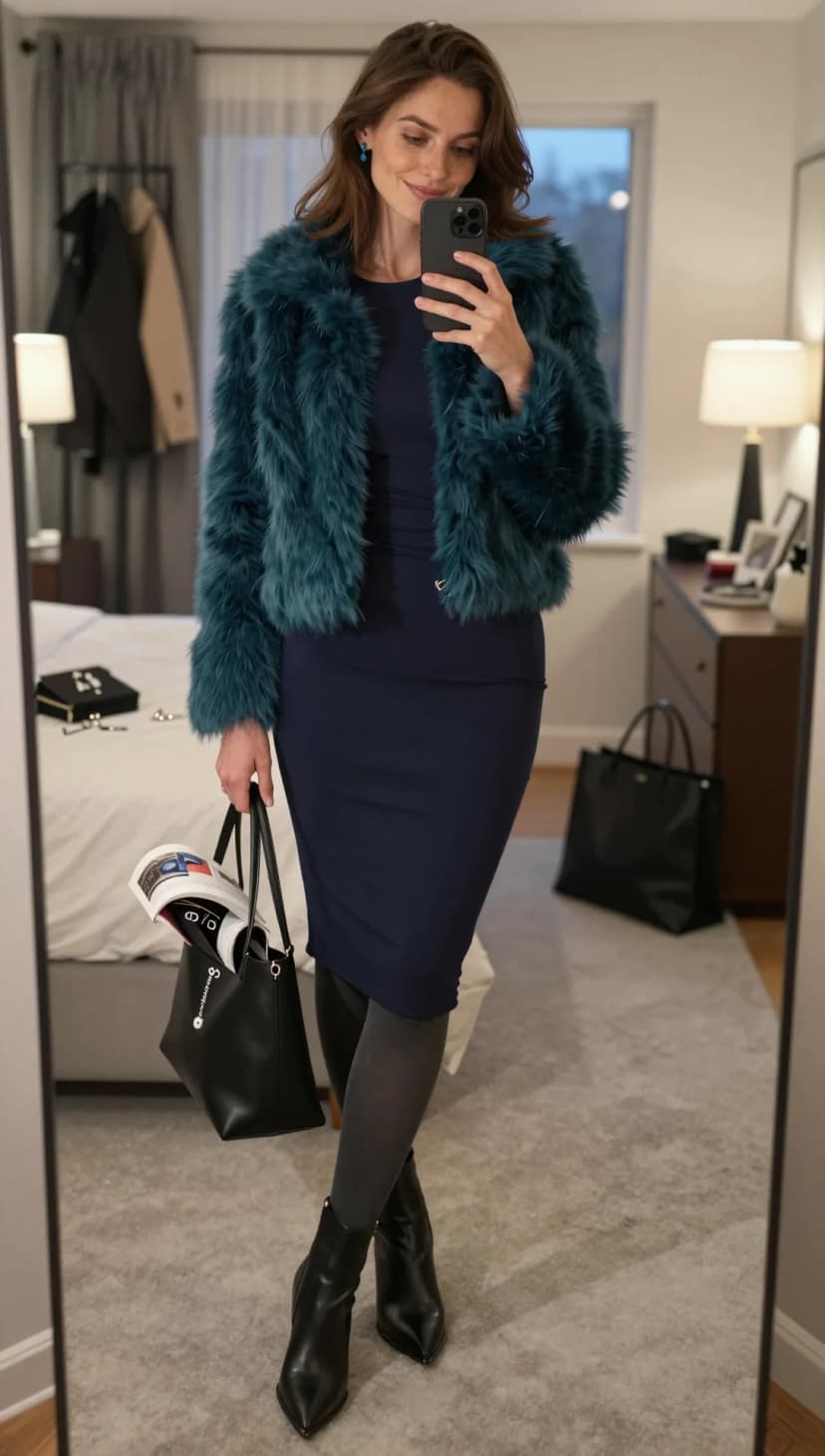 Teal Faux Fur Coat + Navy Jersey Midi Dress + Charcoal Tights + Black Pointed Ankle Boots