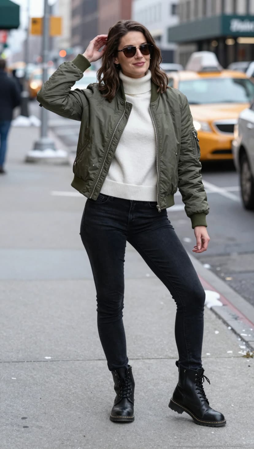 Cream Cable Knit Turtleneck + Olive Bomber Jacket + Black Skinny Jeans + Black Leather Boots
