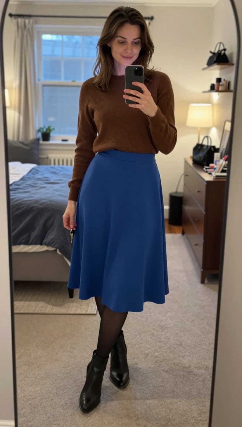Brown Knit Sweater + Royal Blue Midi Skirt + Black Ankle Boots