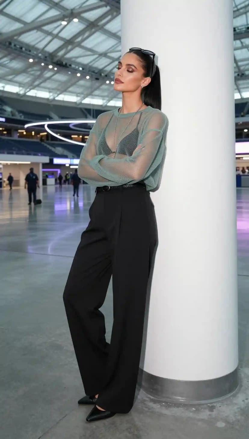 Teal Mesh Top + Black Wide-Leg Trousers + Black Pointed Heels