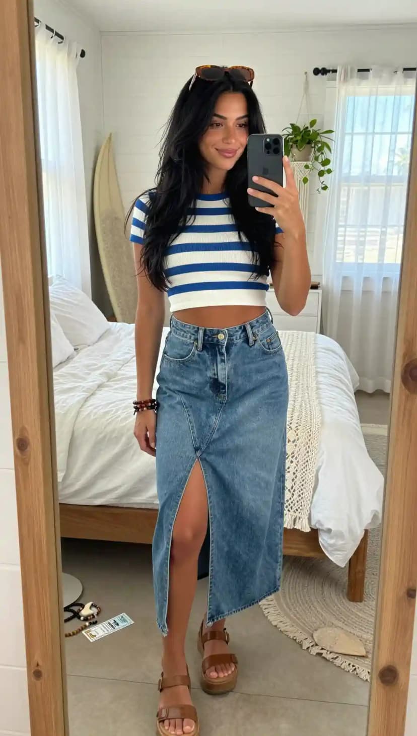 Blue and White Striped Crop Top + Denim Maxi Skirt + Brown Platform Sandals