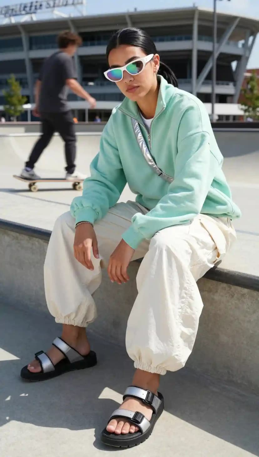 Mint Green Quarter-Zip Sweatshirt + Cream Cargo Pants + Black Platform Sandals