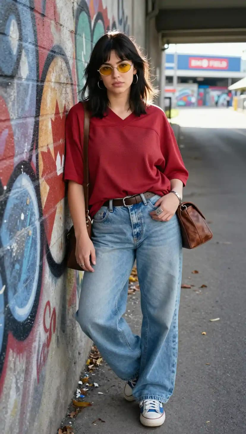 Red V-Neck T-Shirt + Light Wash Baggy Jeans + Brown Crossbody Bag