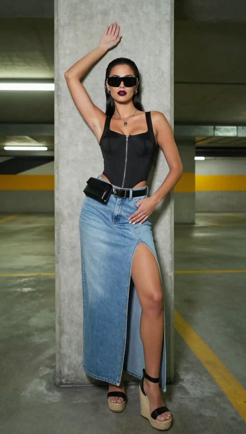 Black Corset Top + Denim Maxi Skirt + Wedge Espadrilles