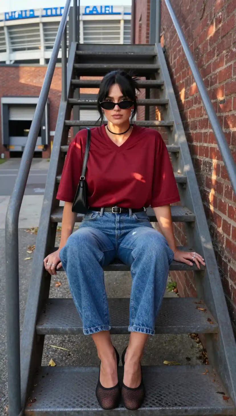 Burgundy V-Neck T-Shirt + Light Wash Baggy Jeans + Black Mesh Pointed-Toe Heels