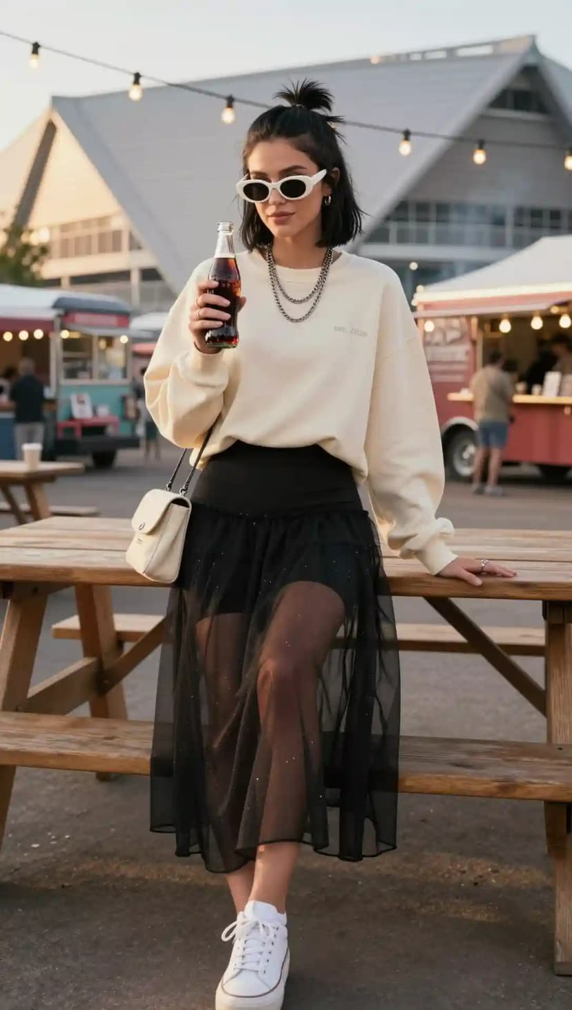 Cream Oversized Sweatshirt + Black Tulle Skirt + White Sneakers