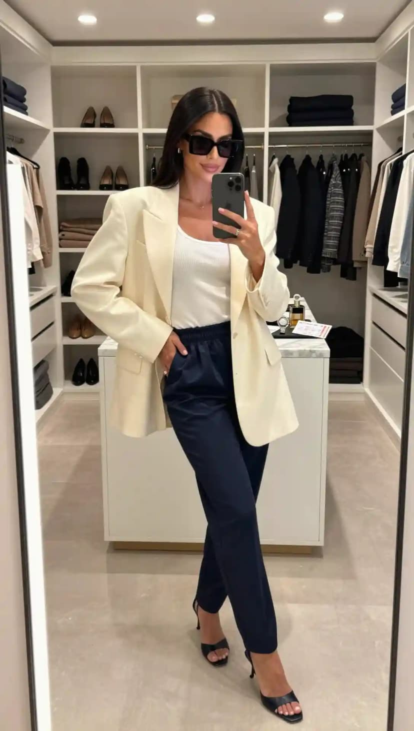 Cream Blazer + White Tank Top + Navy Trousers + Black Heeled Sandals