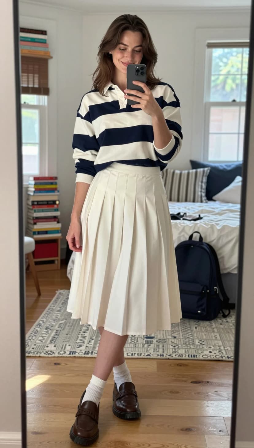 Navy and White Striped Cotton Rugby Shirt + Cream Pleated Cotton Midi Skirt + Brown Leather Loafers