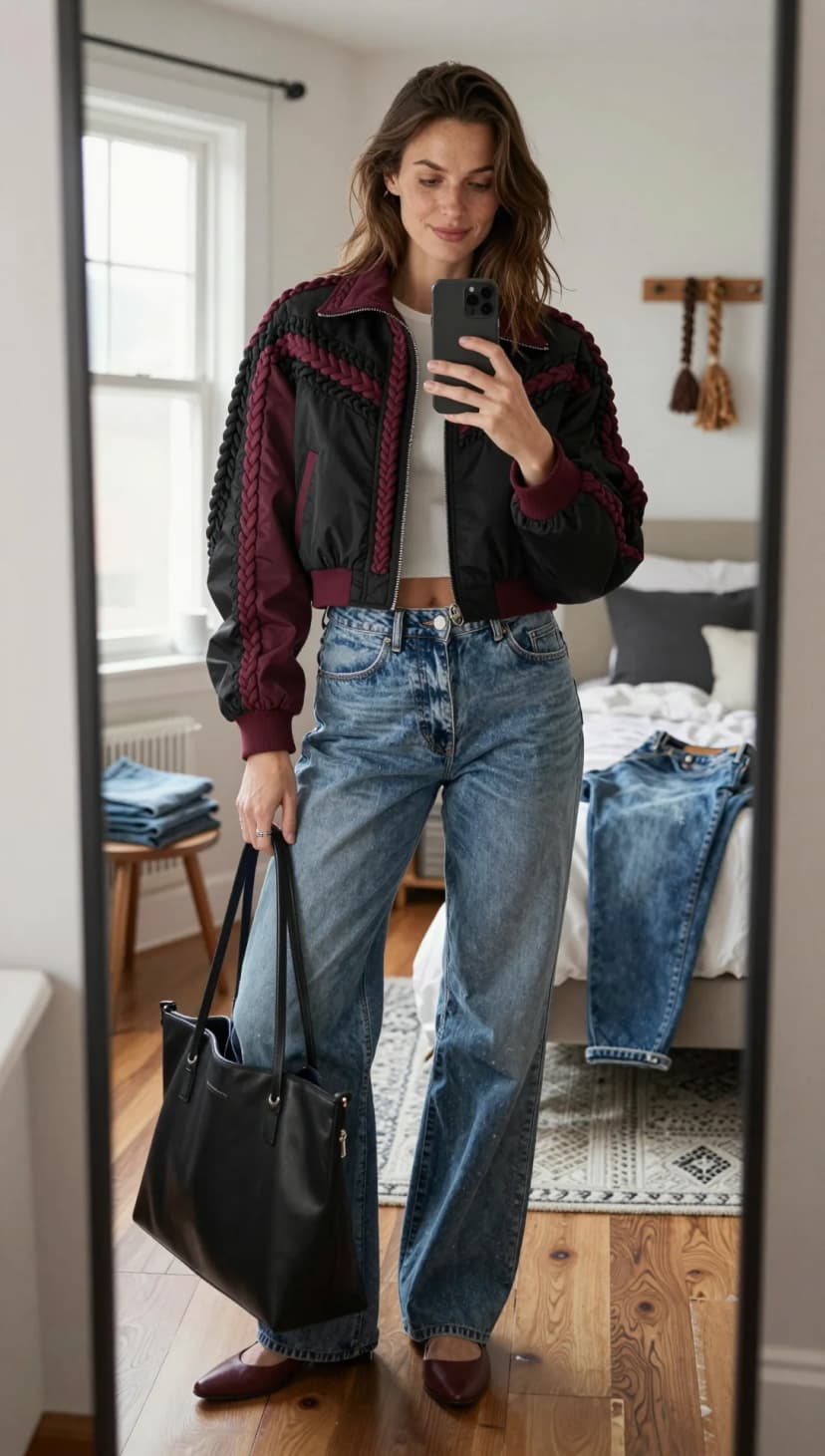 Black Nylon Bomber Jacket + White Ribbed Crop Top + Light Wash Baggy Jeans + Burgundy Leather Flats