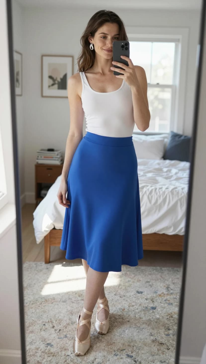 White Ribbed Tank Top + Royal Blue Midi Skirt + Beige Ballet Flats