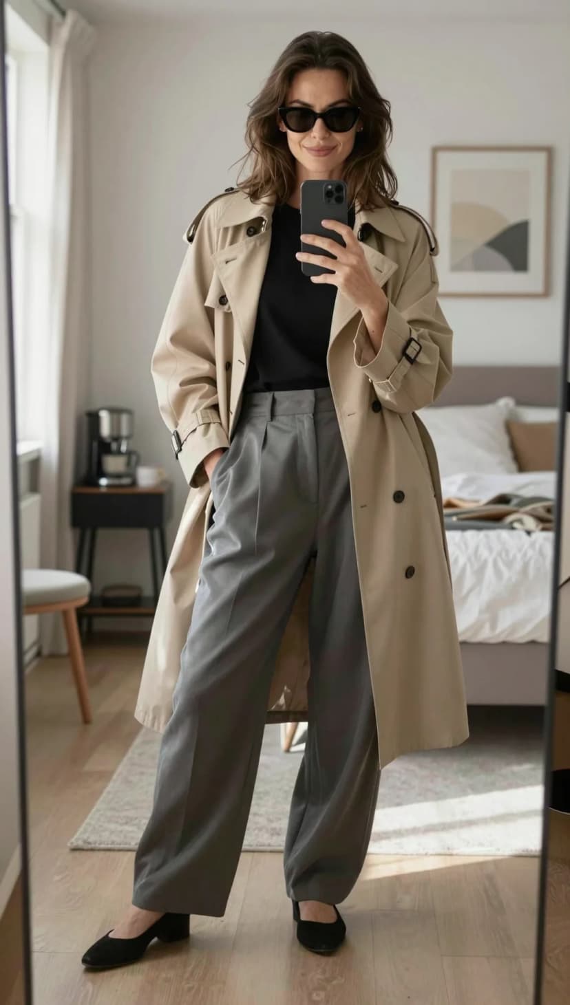 Beige Cotton Trench Coat + Black Crew Neck T-shirt + Grey Wool Trousers + Black Suede Block Heels
