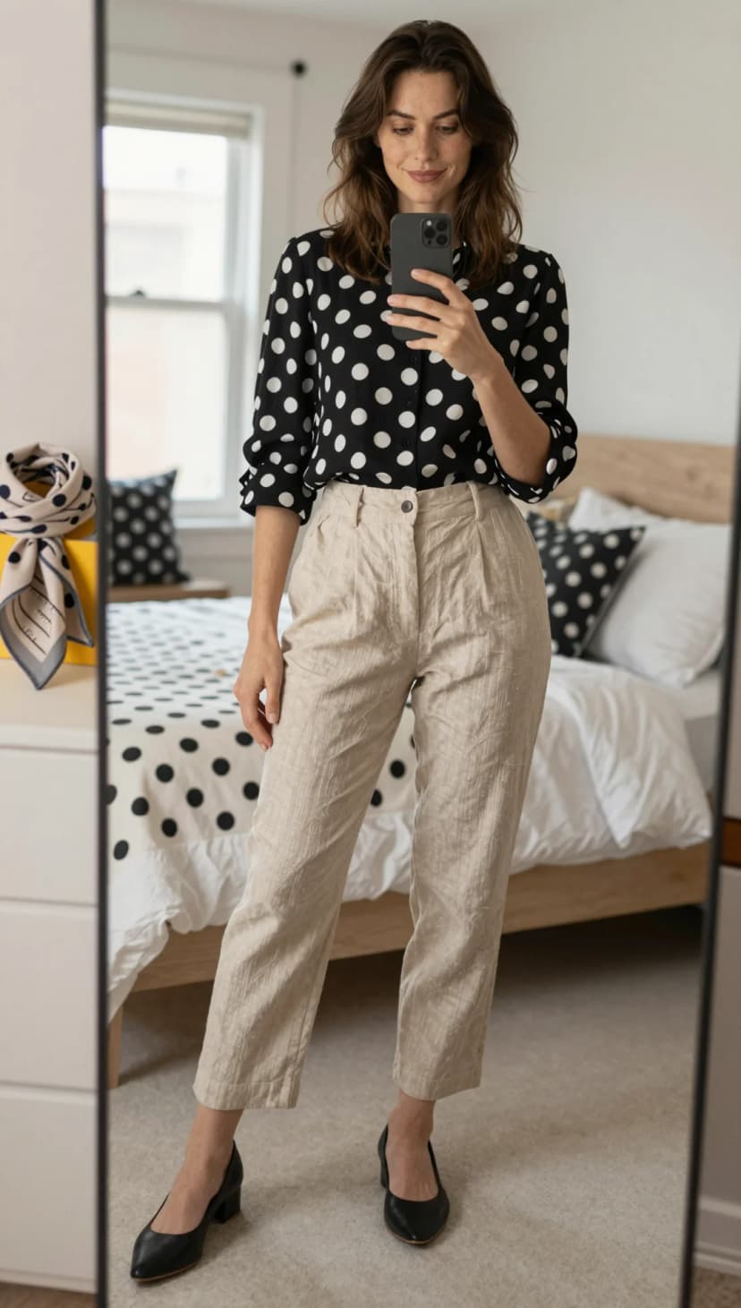 Black Polka Dot Silk Blouse + Beige Linen Trousers + Black Leather Heels