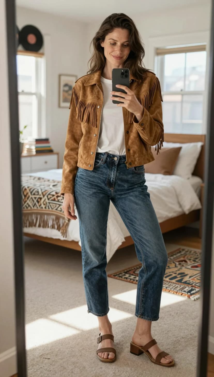 Brown Suede Fringed Jacket + White Cotton T-Shirt + Blue Denim Jeans + Brown Leather Sandals