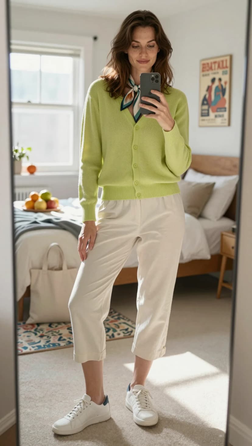 Lime Green Cardigan + Cream Cropped Trousers + White Leather Sneakers