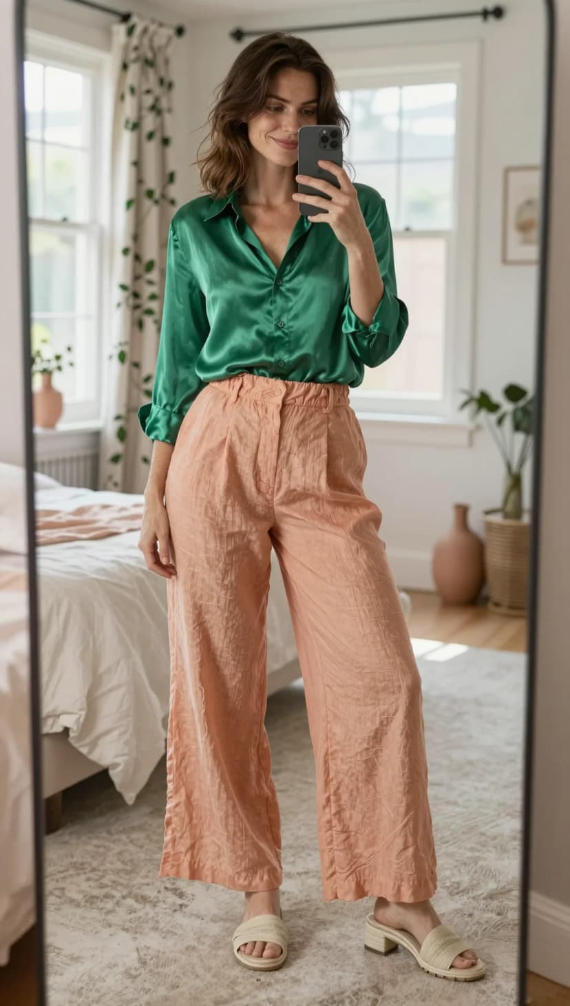 Emerald Satin Button-Down + Peach Gauze Wide-Leg Trousers + Cream Woven Slides