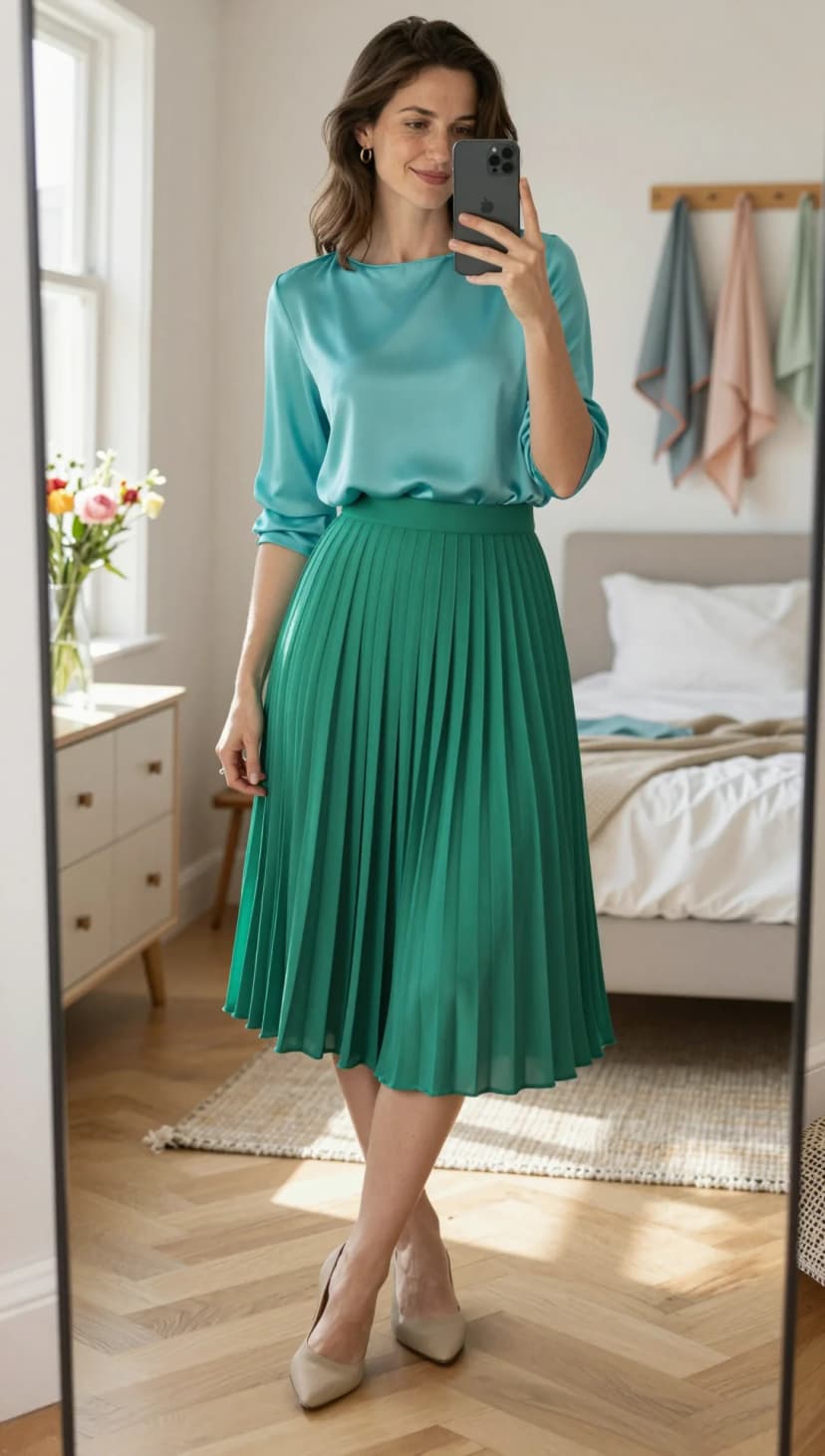 Teal Satin Blouse + Emerald Pleated Midi Skirt + Nude Pointed Heels