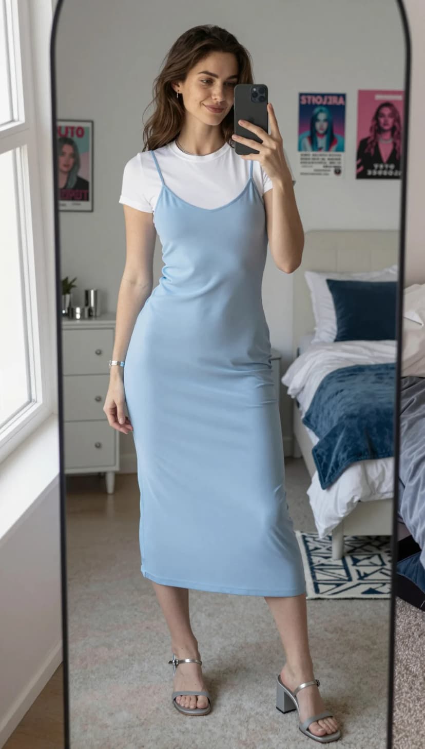 White Cotton Tee + Baby Blue Satin Slip Dress + Silver Block Heels