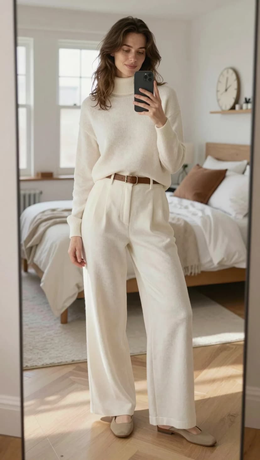 Cream Knit Turtleneck Sweater + Cream Wide-Leg Trousers + Brown Leather Belt + Taupe Ballet Flats
