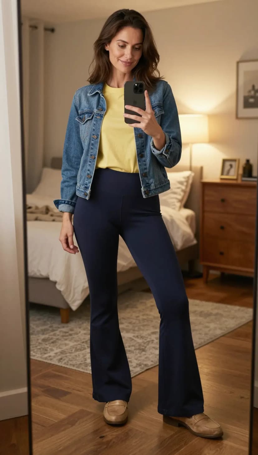 Yellow Cotton Crew Neck T-Shirt + Blue Denim Jacket + Navy Flared Leggings + Tan Leather Loafers