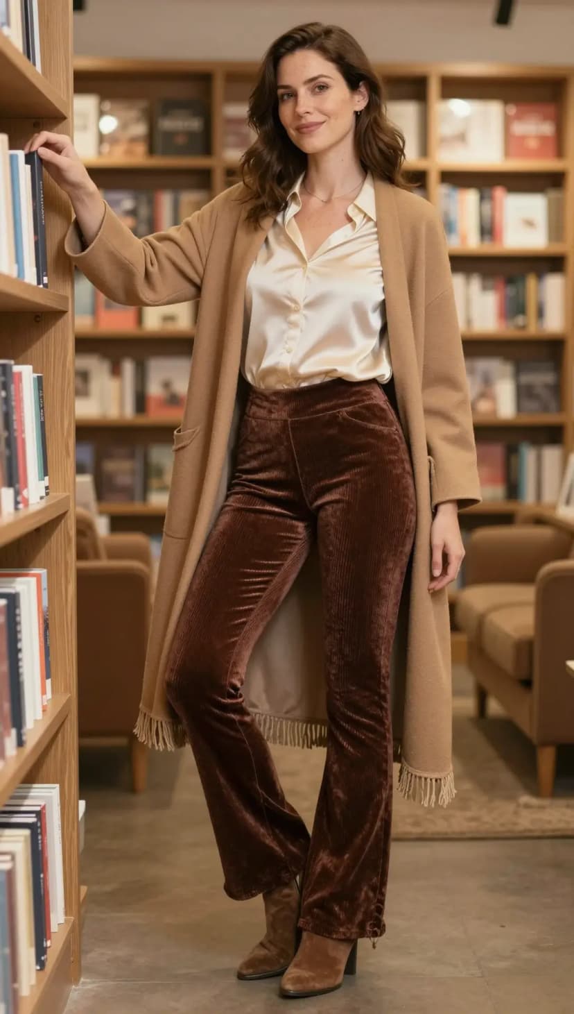 Cream Silk Blouse + Brown Corduroy Flared Trousers + Camel Wool Coat