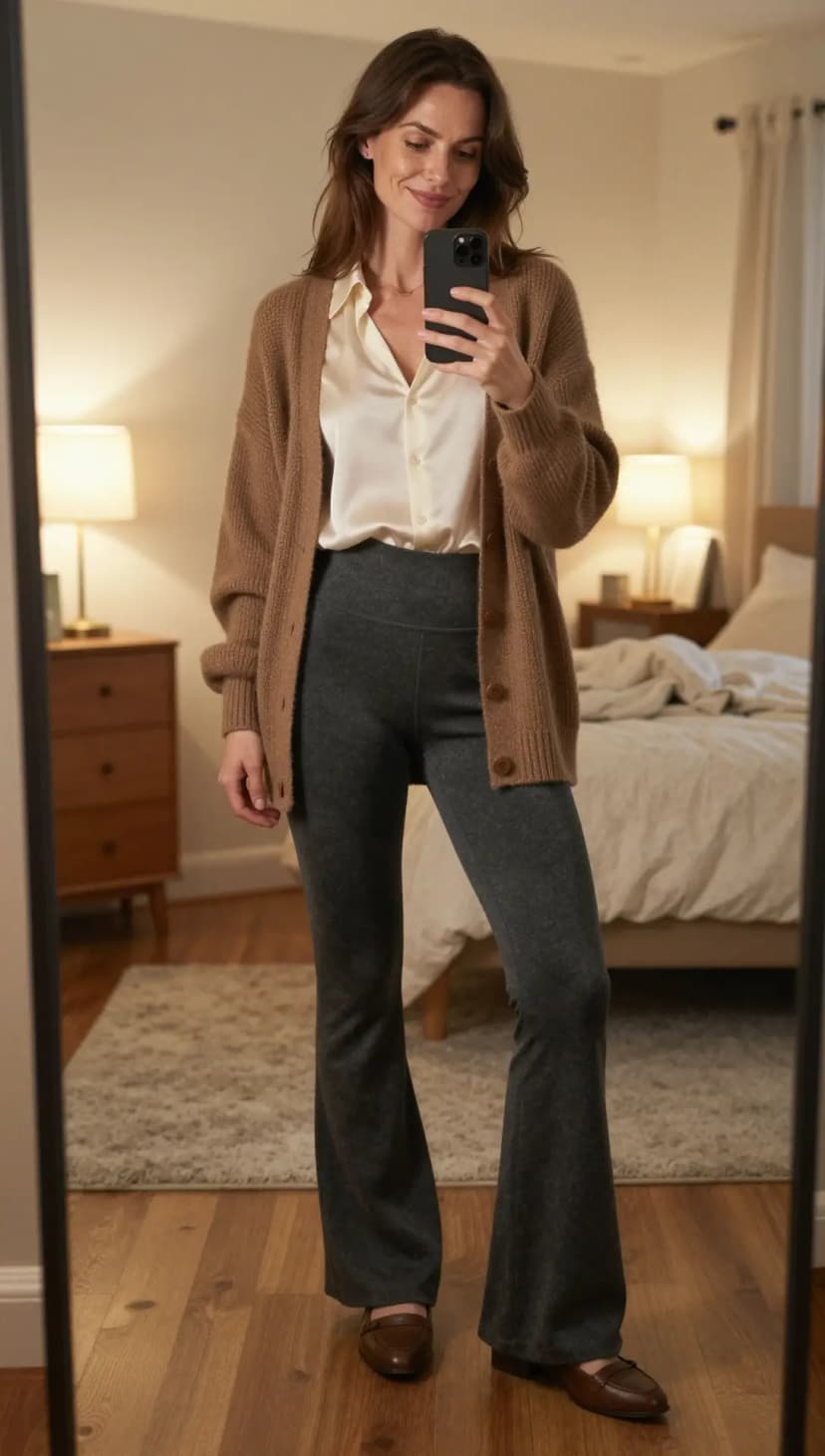 Cream Silk Button-Up Shirt + Brown Knit Cardigan + Charcoal Heather Flared Leggings + Brown Leather Loafers