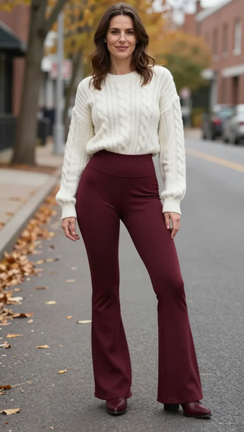 Cream Cable Knit Sweater + Burgundy Flared Leggings