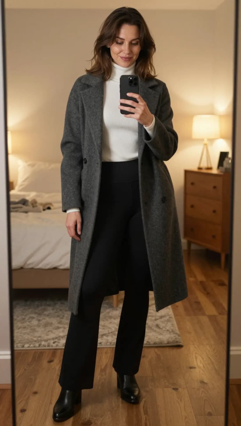 White Ribbed Turtleneck + Black Flared Leggings + Charcoal Wool Coat + Black Leather Ankle Boots