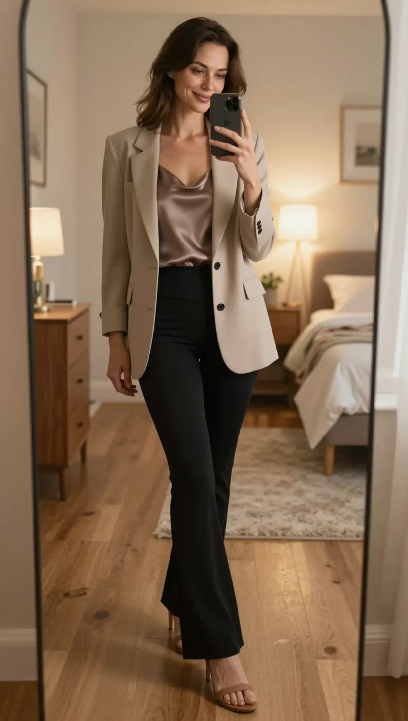Beige Linen Blazer + Taupe Satin Camisole + Black Flared Trousers + Tan Strappy Heels
