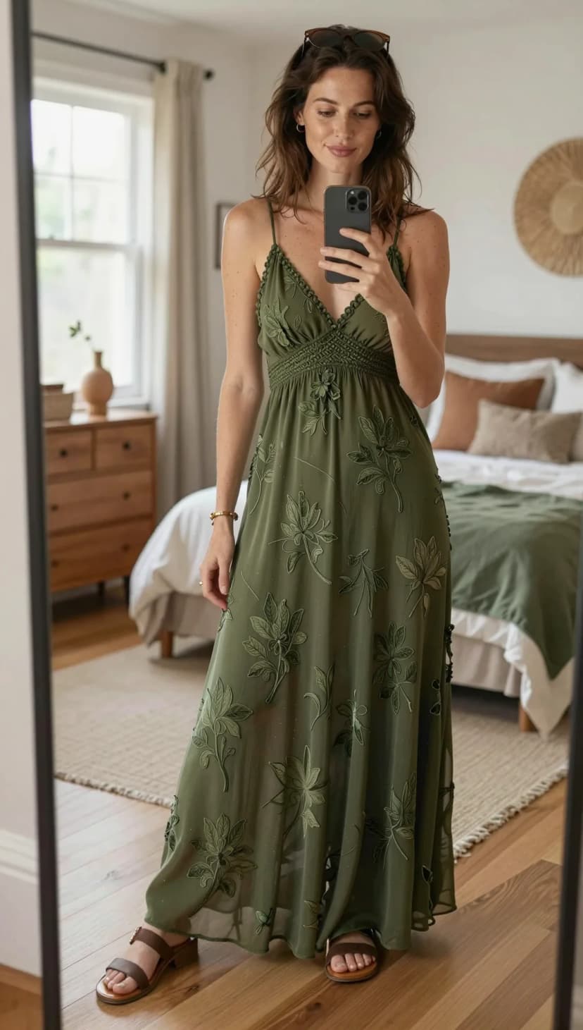 Olive Embroidered Chiffon Maxi Dress + Brown Leather Block Heel Sandals