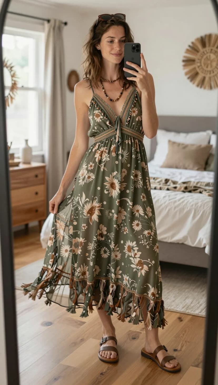 Olive Floral Chiffon Maxi Dress + Brown Leather Sandals