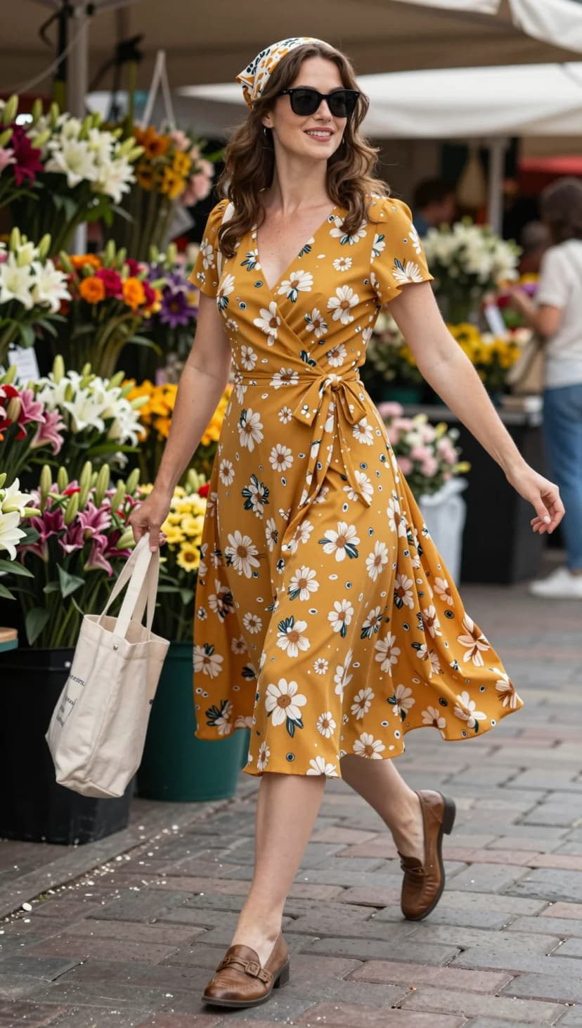 Yellow Floral Print Viscose Wrap Dress + Brown Leather Loafers + Floral Print Scarf