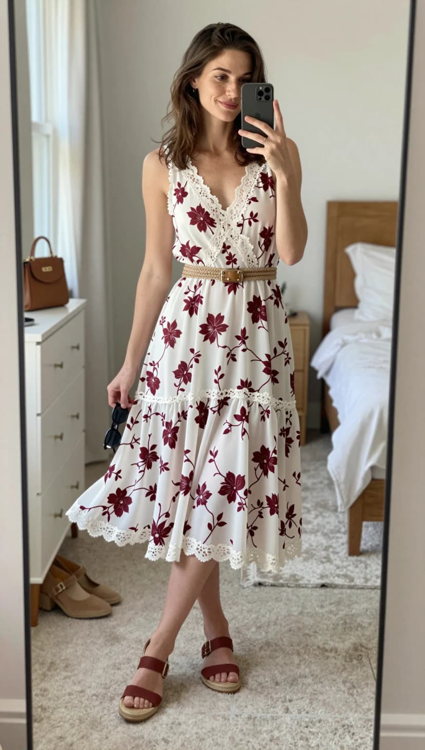 White Floral Print Chiffon Dress + Woven Rope Belt + Burgundy Espadrille Sandals