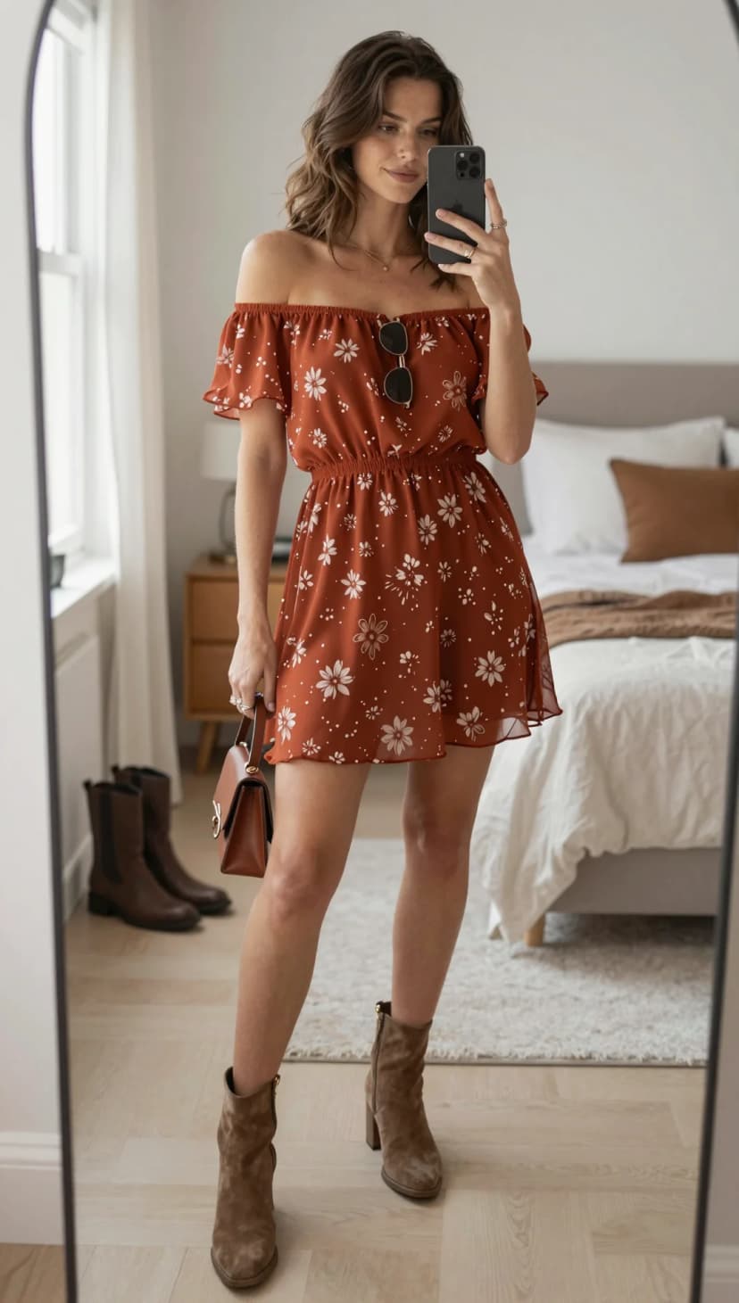 Rust Floral Chiffon Off-The-Shoulder Mini Dress + Brown Leather Crossbody Bag + Taupe Suede Block Heel Booties
