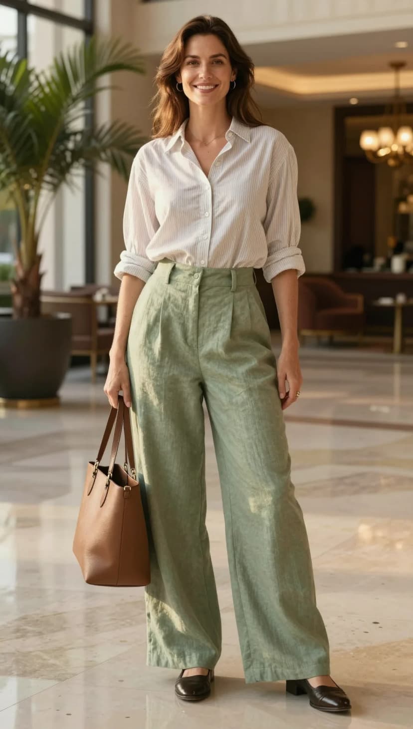 White Pinstripe Cotton Shirt + Sage Linen Wide-Leg Trousers + Brown Leather Tote Bag + Black Leather Loafers