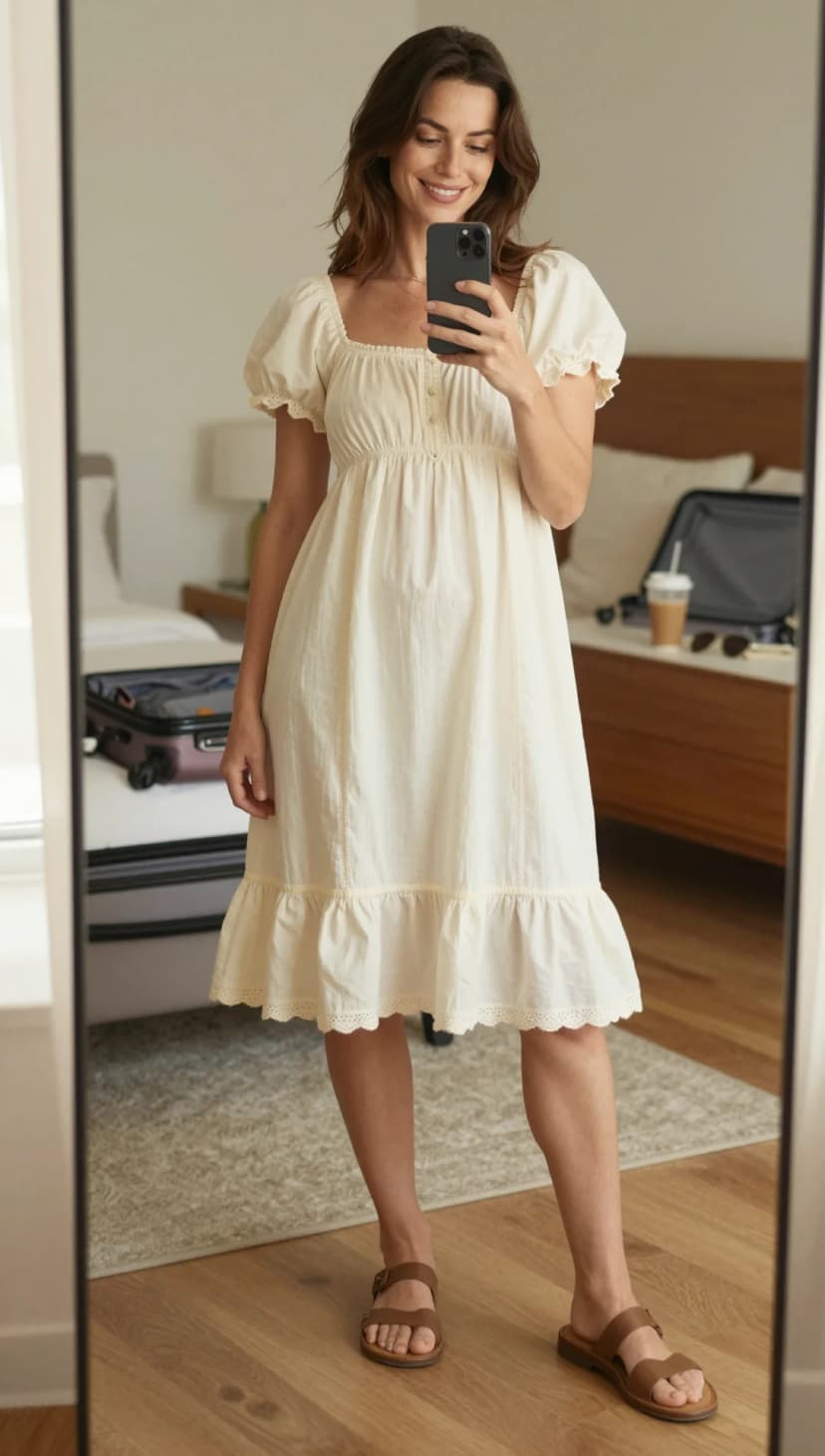 Cream Cotton Gauze Dress + Brown Leather Sandals