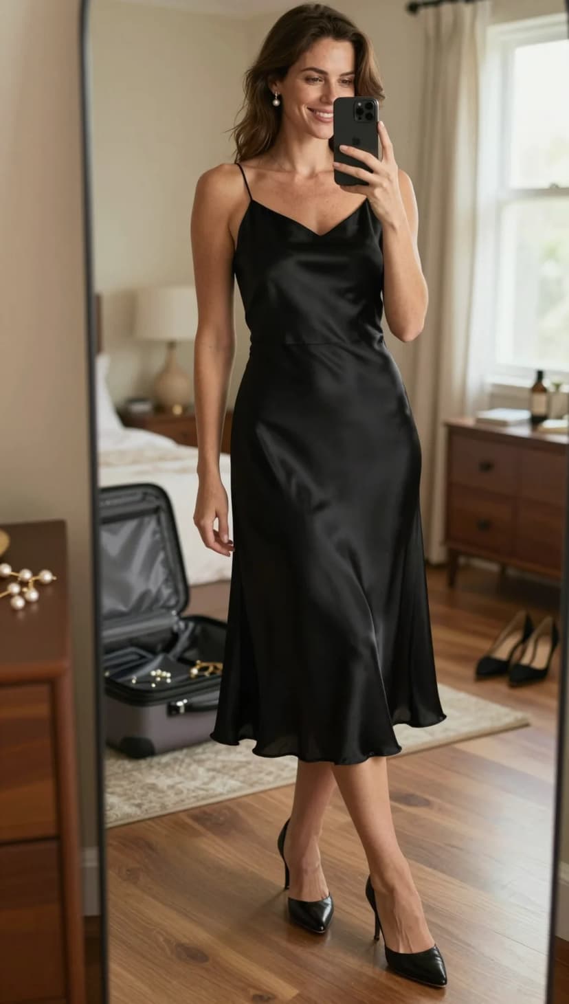 Black Satin Slip Dress + Black Pointed Toe Heels