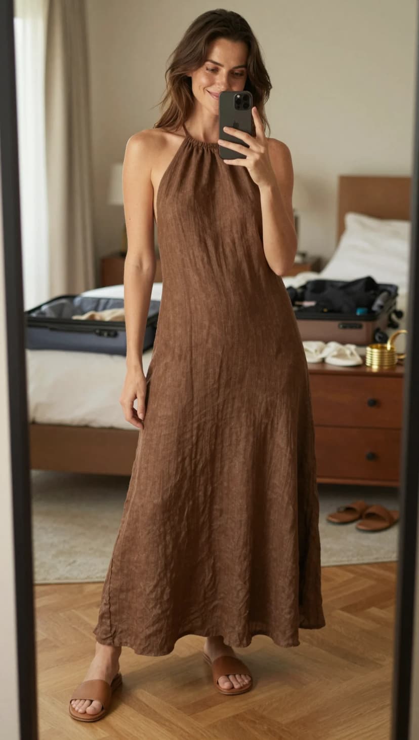 Brown Linen Halter Maxi Dress + Tan Leather Slide Sandals