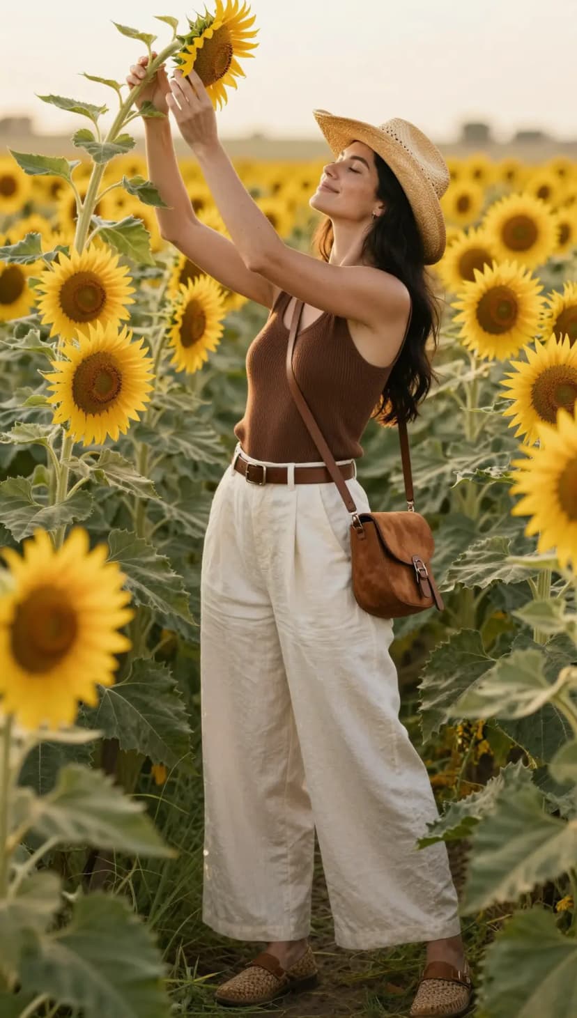 Brown Ribbed Tank Top + Cream Linen Wide-Leg Trousers + Straw Cowboy Hat + Brown Suede Crossbody Bag + Woven Loafers