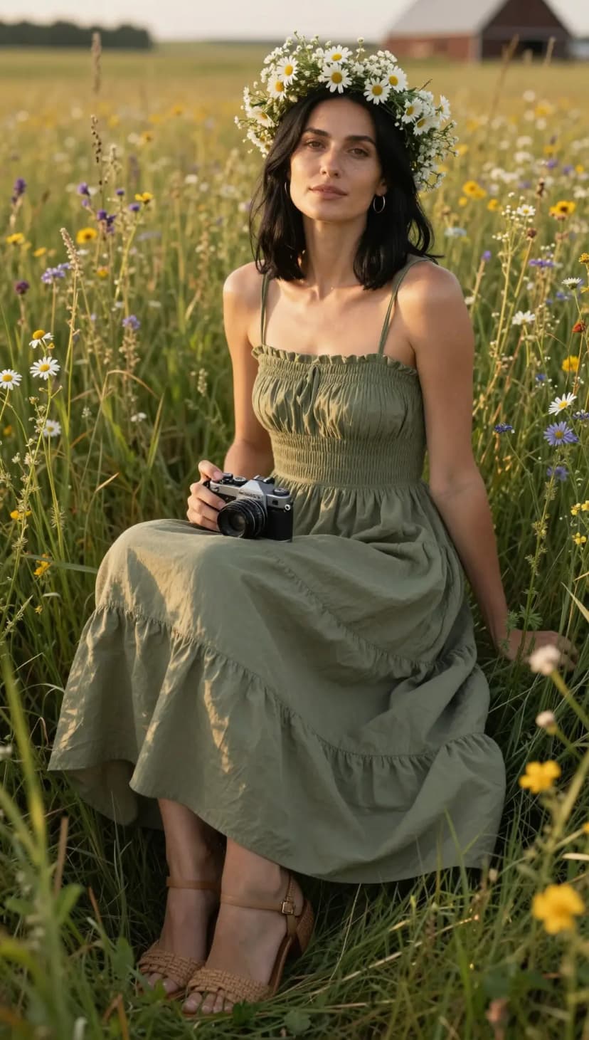 Olive Smocked Cotton Sundress + Tan Woven Heeled Sandals