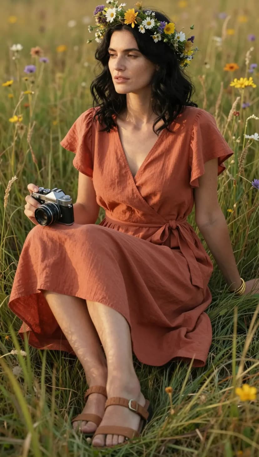 Terracotta Linen Wrap Dress + Brown Suede Flat Sandals + Gold Bangle