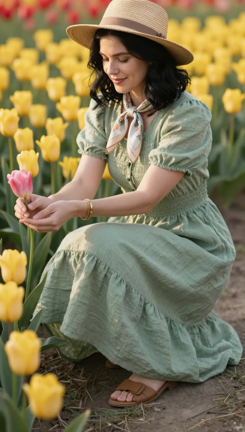 Mint Gauze Midi Dress + Cream Floral Scarf + Tan Leather Slides + Straw Boater Hat