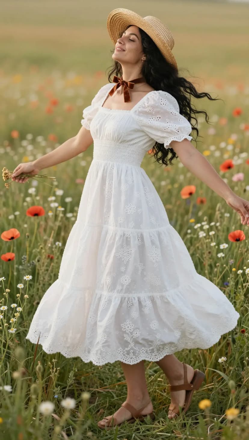 White Eyelet Cotton Dress + Brown Leather Sandals + Straw Sun Hat + Brown Velvet Choker