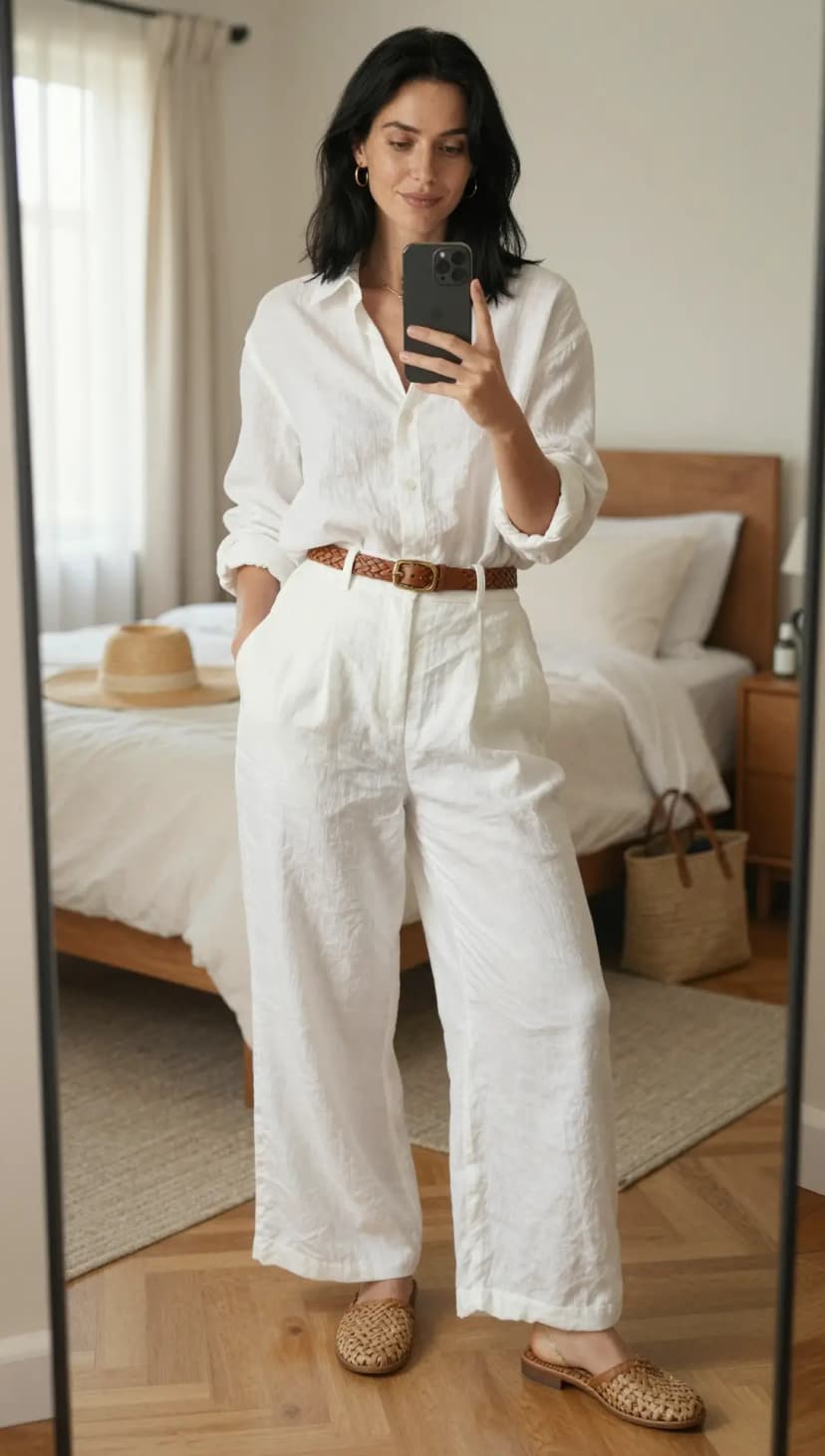 White Linen Button-Up Shirt + White Linen Wide-Leg Trousers + Brown Woven Leather Belt + Tan Woven Leather Mules
