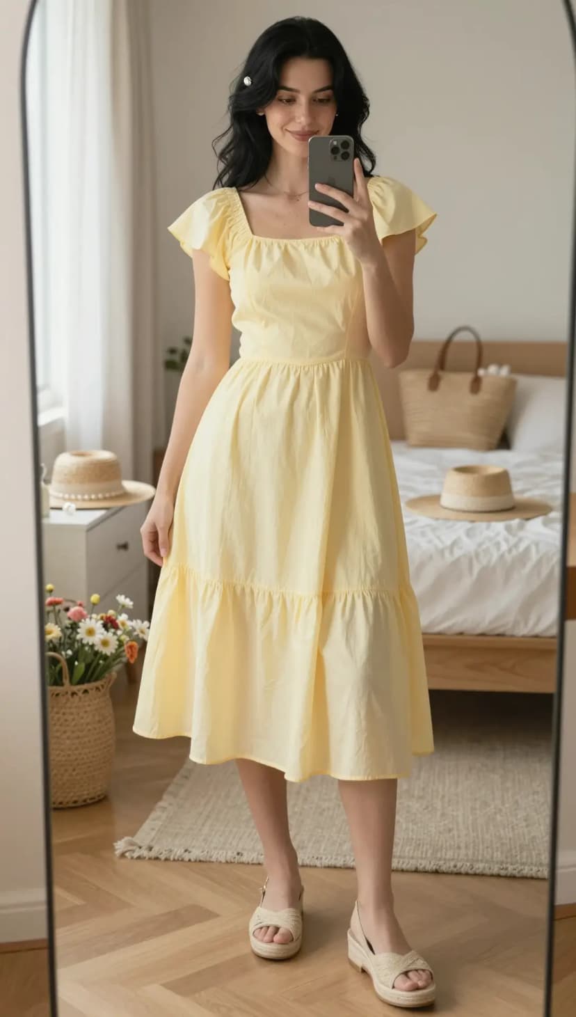 Yellow Cotton Square Neck Midi Dress + Natural Espadrille Wedge Sandals