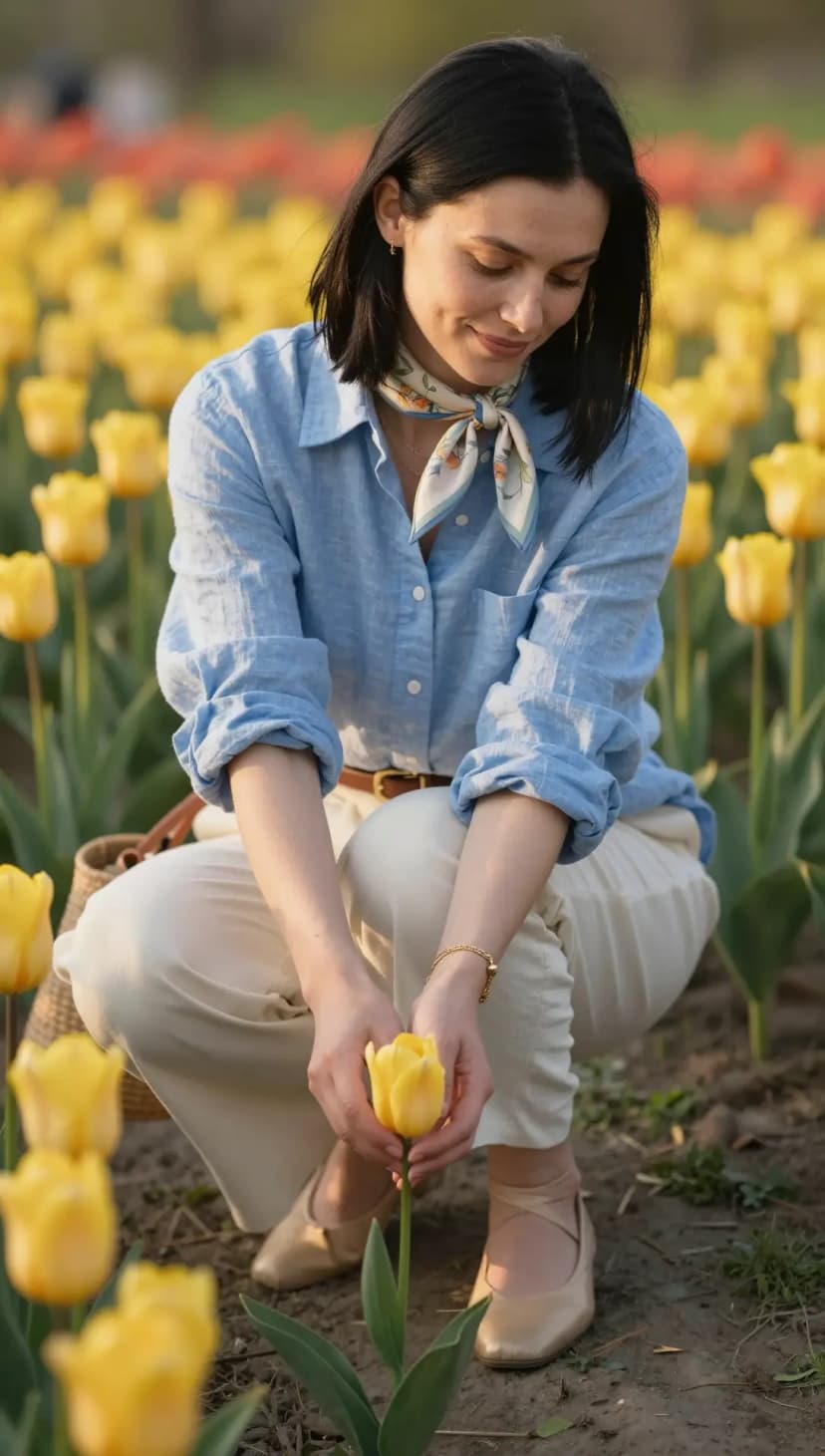 Light Blue Linen Shirt + Cream Linen Trousers + Beige Ballet Flats + Floral Silk Scarf
