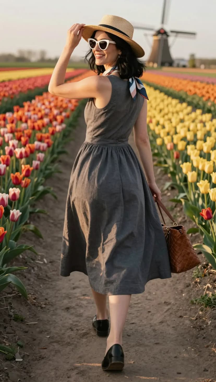 Grey Linen Midi Dress + Woven Leather Tote Bag + Black Leather Loafers + Straw Boater Hat + White Cat-Eye Sunglasses + Patterned Silk Scarf